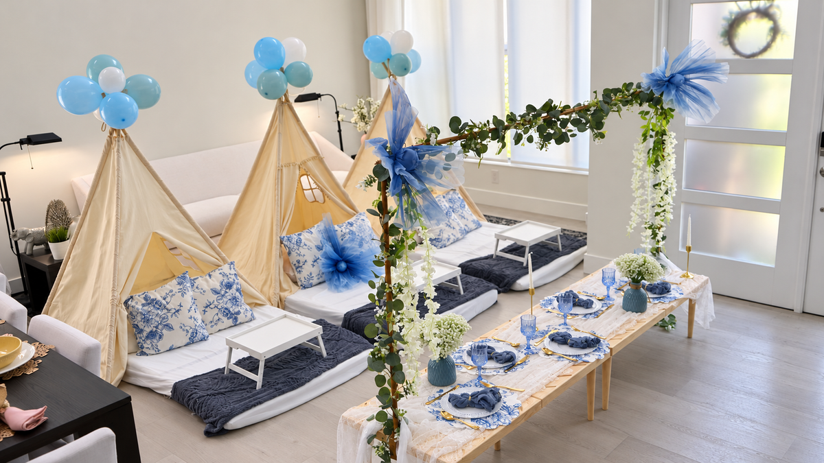 Blue Skies & Dreams teepee and picnic party setup