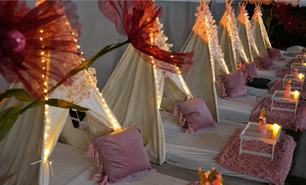 Woah Teepee butterfly party setup with improved lighting