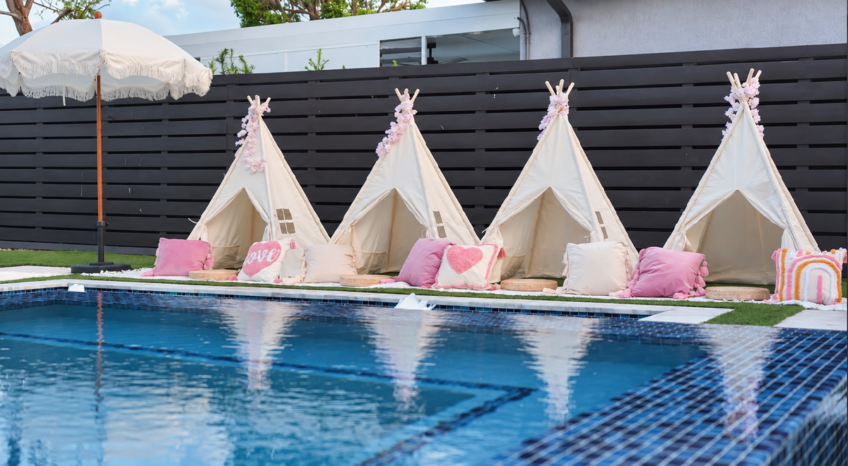Woah Teepee poolside party setup with improved lighting